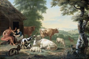 Arkadyjski krajobraz z pasterzami i bydłem autorstwa Jan van Gool