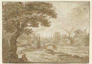 Krajobraz z domami i mostem autorstwa Jan van Goyen (possibly)