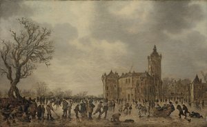Zimowy krajobraz z postaciami desportującymi się na lodzie przy zamku Montfoort autorstwa Jan van Goyen
