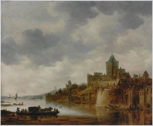 Niderlandzki: Krajobraz rzeki z widokiem na Valkhof, Nijmegen Krajobraz rzeki z widokiem na Valkhof, Nijmegen autorstwa Jan van Goyen