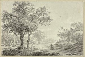 Mężczyzna i chłopiec idący wiejską drogą autorstwa Jan van Goyen