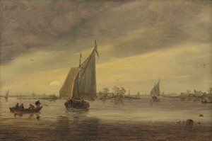 Wschód słońca nad Haarlemmermeer ze statkiem i innymi łodziami autorstwa Jan van Goyen