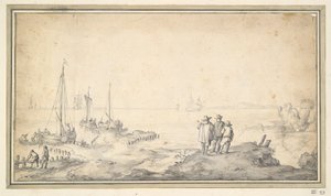 Trzy postacie na zatoce z widokiem na wydmę ze statkami autorstwa Jan van Goyen