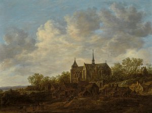 Widok na wieś z dużym gotyckim kościołem autorstwa Jan van Goyen