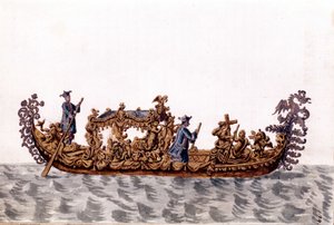 Gondola królewska. Rysunek akwarelowy i tusz z rękopisu „Zwyczajności Wenecjan” Jana van Grevenbroeka (lub Giovanniego Grevenbroicha (Grevenbroich) (1731-1807) autorstwa Jan van Grevenbroeck