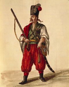 Mundur karabińczyka, autorstwa Jana van Grevenbroecka lub Giovanniego Grevembrocha (1731-1807), Gli Donne de Veneziani, z ilustrowanej księgi kostiumów, akwarela autorstwa Jan van Grevenbroeck