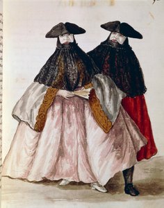 Postacie karnawałowe w Wenecji, ilustracja z Ilustrowanej księgi strojów weneckich, Jan Grevenbroeck (1731-1807), akwarela, Włochy
