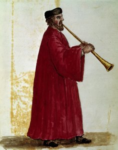 Flecista Rysunek akwarelowy i tusz z rękopisu „Customs of Venitians” Jana van Grevenbroek (lub Giovanni Grevenbroich (Grevenbroich) (1731-1807) autorstwa Jan van Grevenbroeck