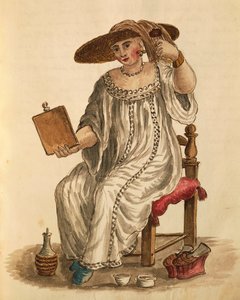 Dama robiąca makijaż, Jan van Grevenbroeck lub Giovanni Grevembroch (1731-1807), Gli Abiti de Veneziani, z ilustrowanej księgi kostiumów, akwarela autorstwa Jan van Grevenbroeck