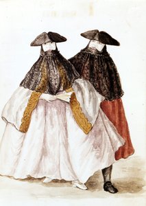Maski karnawałowe w Wenecji. Rysunek akwarelowy i tusz z rękopisu „Zwyczajności Wenecjan” Jana van Grevenbroeka (lub Giovanniego Grevenbroicha (Grevenbroich) (1731-1807)