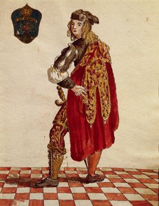 Kostium rycerza Confraternity de la Calza (Pończocha) w 1564, Jan van Grevenbroeck lub Giovanni Grevembroch (1731-1807), Gli Abiti de Veneziani, z ilustrowanej księgi kostiumów, akwarela autorstwa Jan van Grevenbroeck