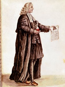 Aptekarz trzymający w rękach małą fiolkę i receptę Rysunek akwareli i atramentu z rękopisu Jana van Grevenbroeka (lub Giovanniego Grevenbroicha (Grevenbroich) (1731-1807) autorstwa Jan van Grevenbroeck