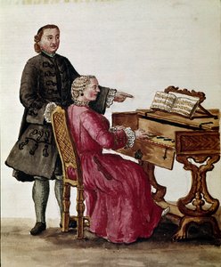 Śpiewak (śpiewak operowy grający na pianinie) Rysunek akwarelowy i tusz pochodzi od Jana van Grevenbroek (lub Giovanni Grevenbroich (Grevenbroich) (1731-1807) autorstwa Jan van Grevenbroeck