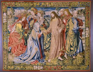 Flamandzki gobelin. Seria Heaven of Charles V. Christ żegna się ze swoją Matką (Despedida de Cristo/Christ żegna się ze swoją matką). Rysownik Jan van Coninxloo. Manufaktura Julien Portois, Mechelen (Malines). około 1521 r. autorstwa Jan van II Coninxloo