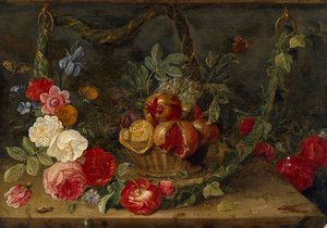 Dekoracyjna kompozycja martwej natury z koszem owoców, połowa XVII wieku autorstwa Jan van Kessel