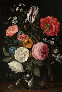 Róże, tulipan, piwonia, kwiat wiśni i centaurium w szklanym wazonie na półce. autorstwa Jan van Kessel the Elder