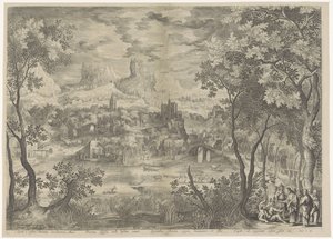 Landschap met Christus die een demon uitdrijft bij een stomme man Wypędza nieszczęsnego Lorda Cacodaemona, Opętany mitem, wypowiada duchom wymowne słowa, Chrystus dominuje nad Stygijczykami i zmusza ich do oddania swojej siedziby imperium (tytuł na przedmi