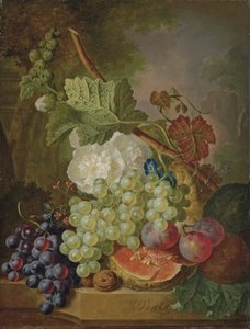 Kwiaty, winogrona, śliwki, orzechy włoskie i melon na kamiennej półce autorstwa Jan van Os