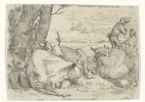 Trzy krowy i dwóch pasterzy autorstwa Jan van Ossenbeeck