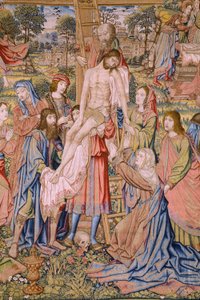 Flamandzki gobelin. Seria Męka Chrystusa: Zejście z krzyża (Kruisafneming, Descendimiento de la cruz). Produkcja Pieter van Aelst. Rysownik Jan van Roome. ok. 1507-1520. Szczegół.