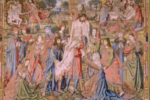 Flamandzki gobelin. Seria Męka Chrystusa: Zejście z krzyża (Kruisafneming, Descendimiento de la cruz). Produkcja Pieter van Aelst. Rysownik Jan van Roome. ok. 1507-1520. Szczegół.