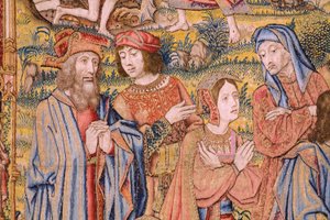 Flamandzki gobelin. Seria Męka Chrystusa: Zejście z krzyża (Kruisafneming, Descendimiento de la cruz). Produkcja Pieter van Aelst. Rysownik Jan van Roome. ok. 1507-1520. Szczegół.
