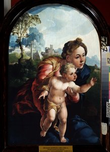 Dziewica z Dzieciątkiem (Dziewica z Dzieciątkiem). Obraz Jana Van Scorela (1495-1562). Olej na drewnie, 66 x 45 cm