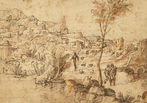 Pejzaż z pasterzami nad rzeką i miastem za rzeką (recto); Studium postaci i ruiny rzymskie (verso) autorstwa Jan van Scorel