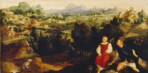 Tobiasz z aniołem w krajobrazie. 1521 autorstwa Jan van Scorel