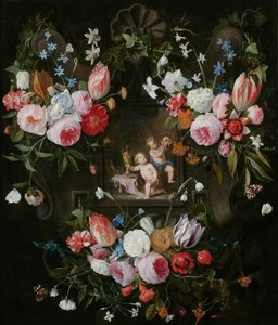 Kartuszowa martwa natura z kwiatami wokół alegorycznego wizerunku Putti z kosztownymi przedmiotami i maską, 1648 r.