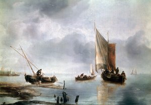 Mały statek w lekkim powietrzu, a drugi na brzegu, ok. 1650-1660, Jan van de Cappelle (1624-ca 1679), olej na płótnie, 34, 8x48