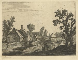 Widok na wieś z kobietą i dzieckiem na wiejskiej ulicy autorstwa Jan van de Cappelle (attributed to)