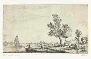 Krajobraz rzeki z dwoma mężczyznami w łodzi wiosłowej autorstwa Jan van de Cappelle (attributed to)