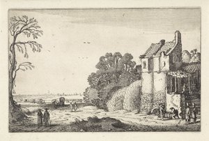 Figurki w domu i kryte wagony na wiejskiej drodze Krajobrazy (tytuł serii) Amenissimae aliquot requculae (tytuł serii) autorstwa Jan van de Velde (II)