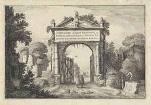 Postacie przy bramie w krajobrazie Krajobrazy (tytuł serii) Amenissimae aliquot requculae (tytuł serii na przedmiocie) autorstwa Jan van de Velde (II)
