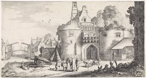 Postacie przy bramie miejskiej Zabawne pejzaże i zabawne wiersze (tytuł serii) autorstwa Jan van de Velde (II)