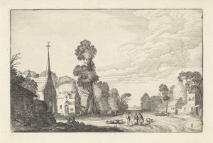 Figury i bydło we wsi z kościołem Krajobrazy (tytuł serii) Amenissimae aliquot requculae (tytuł serii) autorstwa Jan van de Velde (II)
