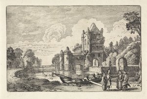 Krajobraz z Bramą Amsterdamską w Haarlem Krajobrazy (tytuł serii) Amenissimae aliquot requculae (tytuł serii) autorstwa Jan van de Velde (II)