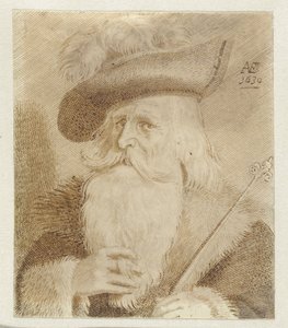 Mężczyzna z futrzanym kołnierzem, czapką i laską autorstwa Jan van de Velde (II)