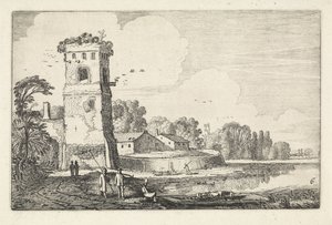 Pont z owcami na wieży w krajobrazie rzeki Krajobrazy (tytuł serii) Amenissimae aliquot requculae (tytuł serii) autorstwa Jan van de Velde (II)