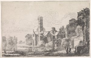 Dwóch mnichów w opactwie w krajobrazie rzeki Krajobrazy rzeczne (tytuł serii) autorstwa Jan van de Velde (II)