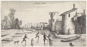 Zimowy krajobraz z łyżwiarzami przy murach miejskich Przyjemne krajobrazy i zabawne widoki (tytuł serii) autorstwa Jan van de Velde (II)