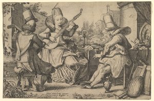 Dwóch elegancko ubranych mężczyzn i kobieta w ogrodzie, 1613-41. autorstwa Jan van de Velde II