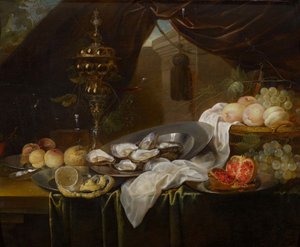Martwa natura ze złotym pucharem, szkłem Façon de Venise, owocami i ostrygami autorstwa Jan van den Hecke