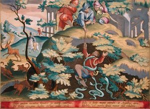 Myśliwy uratowany z jamy z wężami, tablica 41 "Venationes Ferarum, Avium, Piscium" (O polowaniu: dzikie zwierzęta, ptaki, ryby) wyryta przez Jana Collaerta (1566-1628) wydana przez Phillipusa Gallaeusa z Amsterdamu (rycina ręcznie kolorowana) autorstwa Jan van der Straet