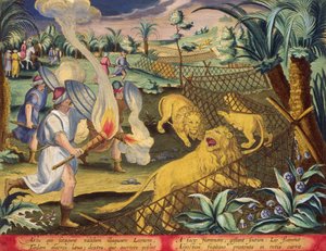 Polowanie rzymskie, prawdopodobnie w rzymskiej Afryce Północnej, tablica 10 z „Venationes Ferarum, Avium, Piscium” (O polowaniu: dzikie zwierzęta, ptaki, ryby) ryt. grawerowanie w kolorze)