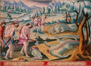 Decapitating Crocodiles, płyta 46 z „Venationes Ferarum, Avium, Piscium” (O polowaniach: dzikie zwierzęta, ptaki, ryby) ryt. Jan Collaert (1566-1628) opublikowane przez Phillipus Gallaeus z Amsterdamu (ryt ręcznie kolorowany)