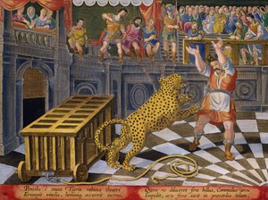 Cesarz rzymski Kommodus wystrzeliwuje strzałę, aby ujarzmić lamparta, który uciekł z klatki na arenie, tablica 14 z „Venationes Ferarum, Avium, Piscium” (O polowaniu: dzikie zwierzęta, ptaki, ryby) grawerowany przez Jana Collaerta (1566- 1628) opublikowane