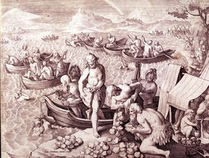 Połów ostryg. XVII wiek. Grawerowanie autorstwa Giovanniego Stradano (Jan Van Der Straet) (Johannes Stradanus) (1523-1605). autorstwa Jan van der Straet
