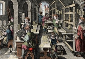 Drukarnia, ok.1600 - Holandia, Druk: po lewej postacie używają znaków, poszczególne etapy przygotowania druku nadzorowane przez mistrza drukarza - Grawer z „Nova Reperta” Giovanniego Stradano (Jan Van Der Straet) (Johanne